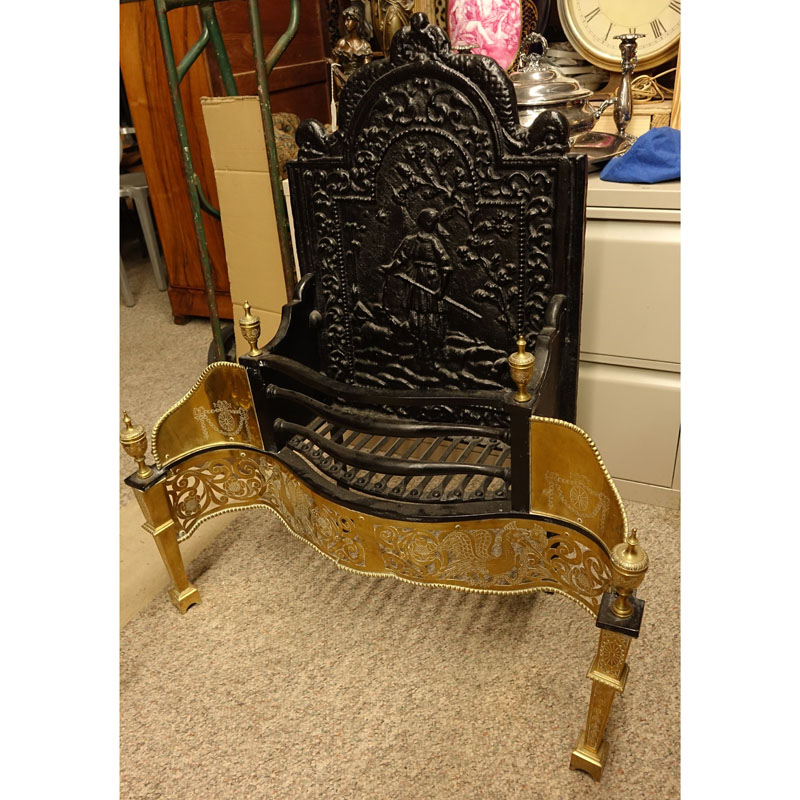 Possibly Thomas Elsley, Antique Victorian Cast Iron and Brass Fire Grate with Figural Backplate.