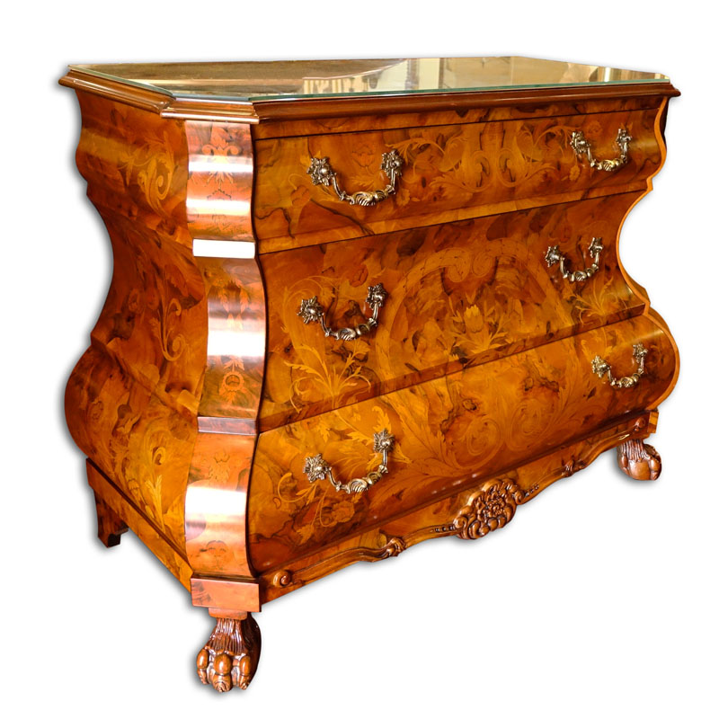 Modern Dutch Style Marquetry Inlaid Chest of Drawers. Total of 3 drawers, brass hardware, fitted glass top, and stands on ball/claw feet.