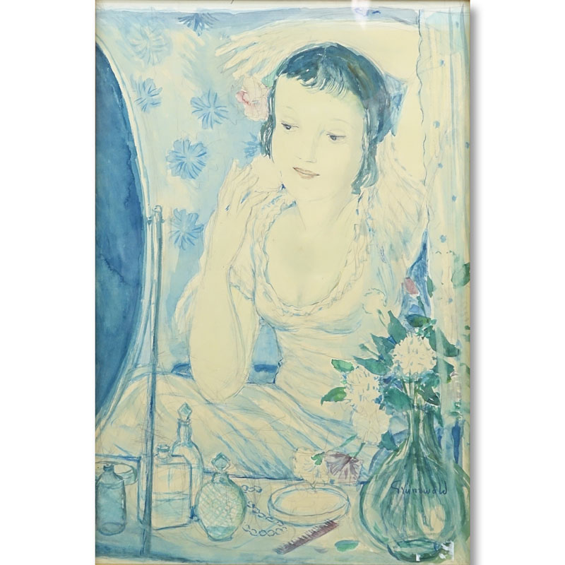 Isaac Grünewald, Swedish  (1889-1946) Watercolor, Lady at Her Dressing Table. Signed lower right.