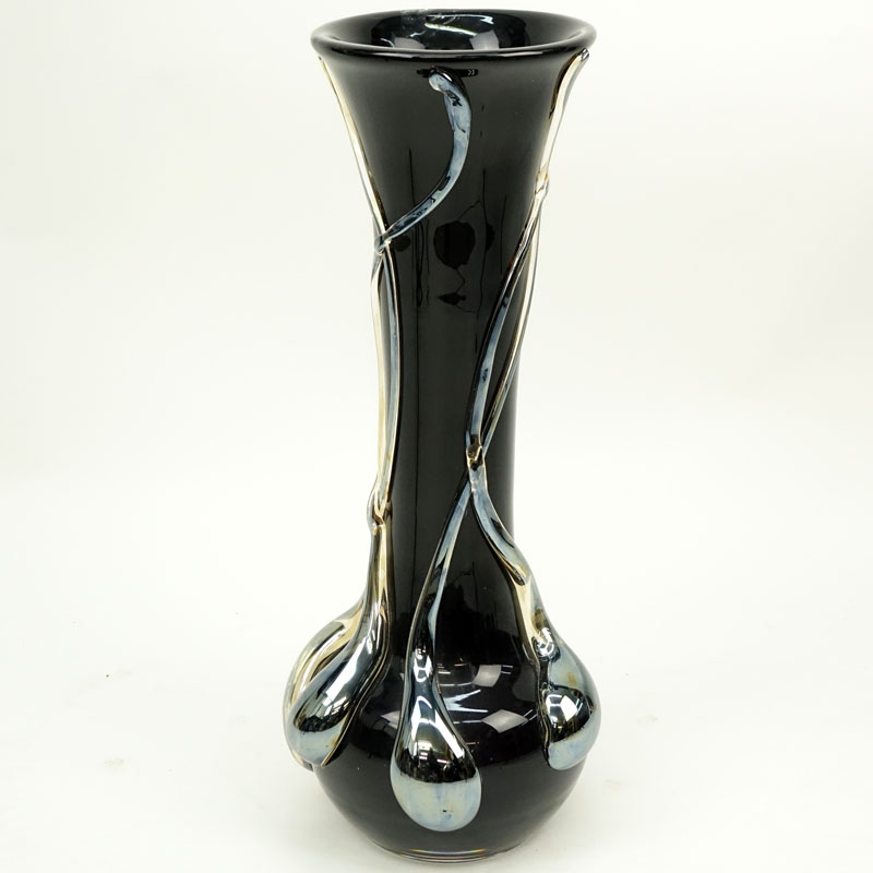 Ion Tamaian, Romanian (20th C) Large Art Glass Floor Vase. Black ground with applied clear glass overlay. Signed.