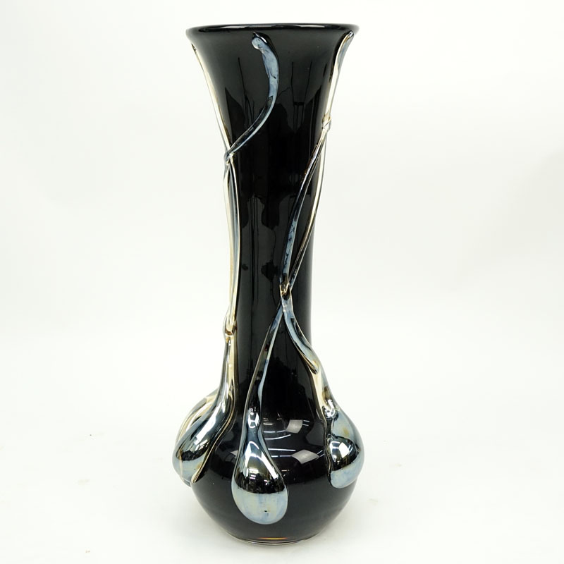Ion Tamaian, Romanian (20th C) Large Art Glass Floor Vase. Black ground with applied clear glass overlay. Signed.