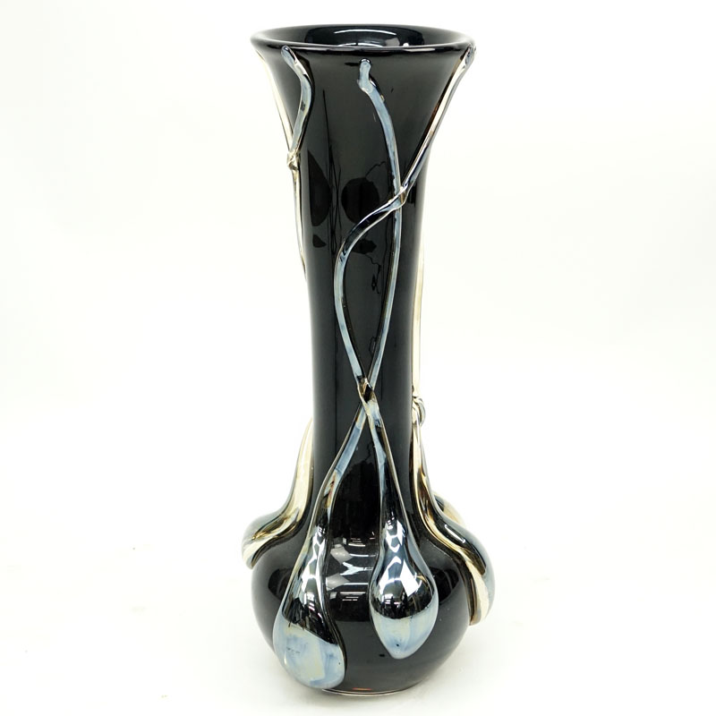 Ion Tamaian, Romanian (20th C) Large Art Glass Floor Vase. Black ground with applied clear glass overlay. Signed.