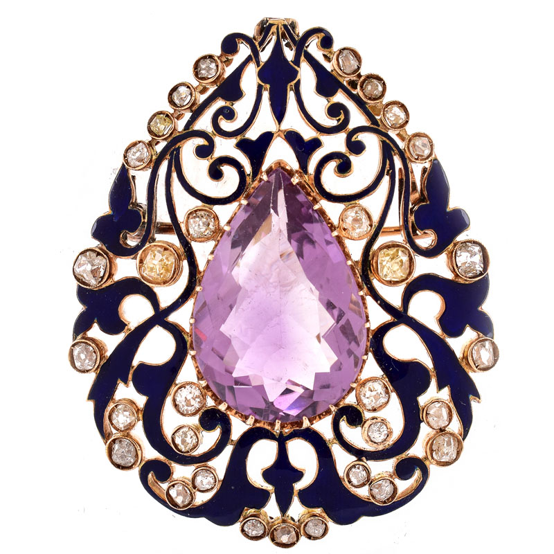 Vintage Circa 1940s Approx. 2.50 Carat Old Mine Cut Diamond, 10.0 Carat Pear Shape Amethyst and Enameled 18 Karat Yellow Gold Brooch.