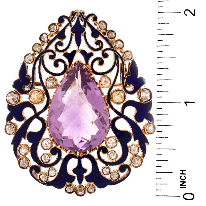 Vintage Circa 1940s Approx. 2.50 Carat Old Mine Cut Diamond, 10.0 Carat Pear Shape Amethyst and Enameled 18 Karat Yellow Gold Brooch.