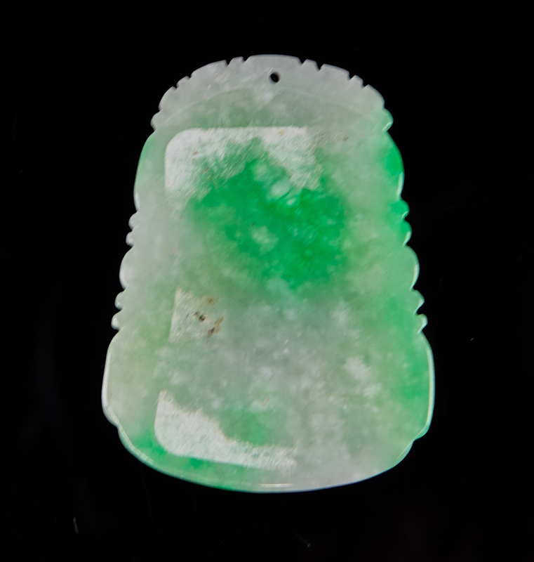 Antique Chinese Carved Apple Green Jade Pendant with High Relief Dragon.