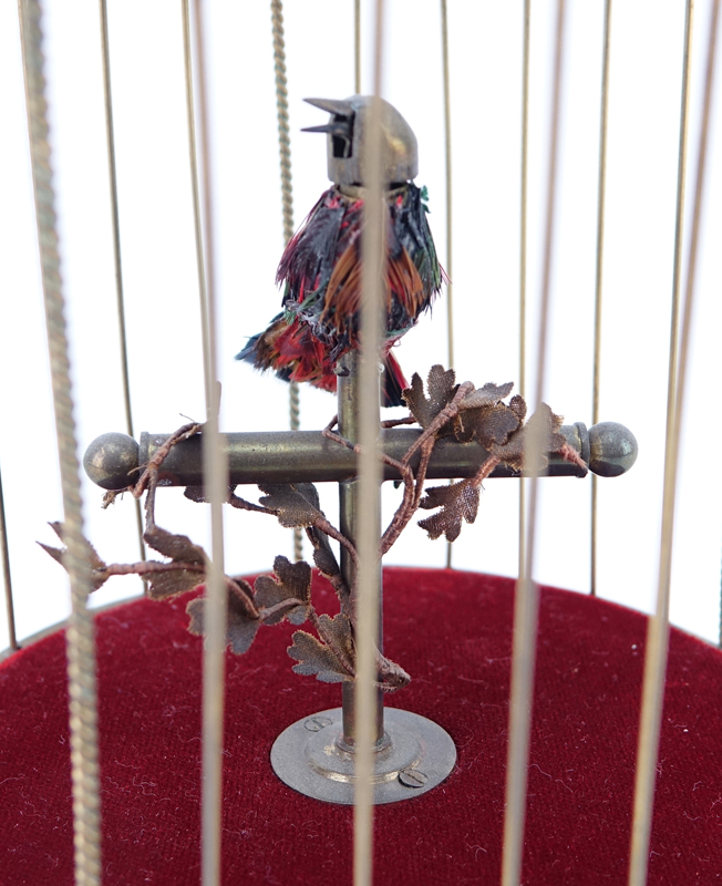 Antique French Gilt Brass Singing Bird in Cage. Stamped 'Made in France' and numbered 5427531 on underside.