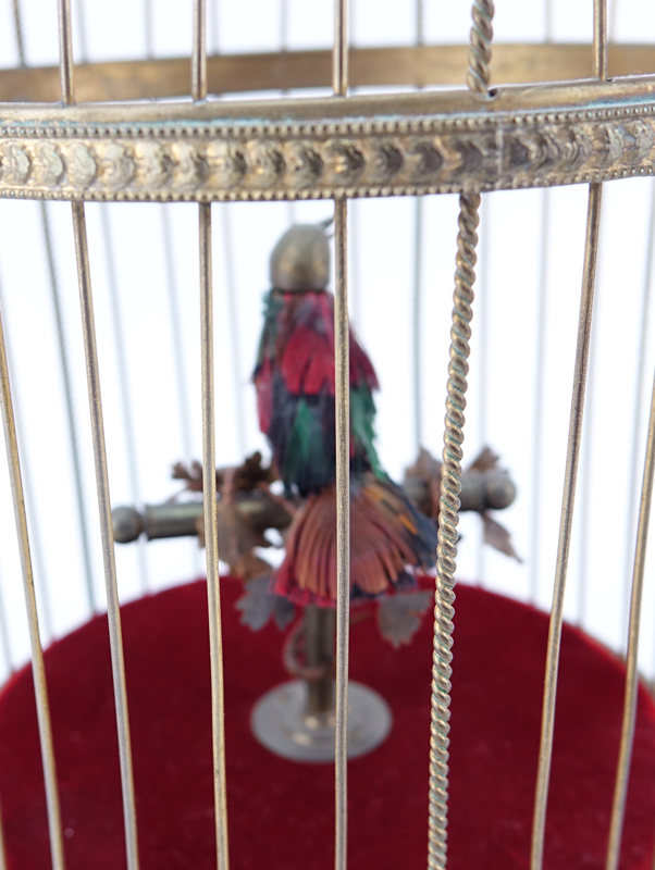 Antique French Gilt Brass Singing Bird in Cage. Stamped 'Made in France' and numbered 5427531 on underside.