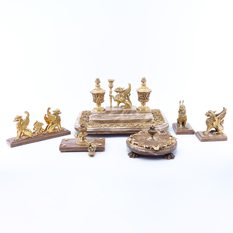Six (6) Piece Gilt Bronze And Marble Probably English Georgian Style Desk Set. Possibly assembled. Stamped REGISTERED.