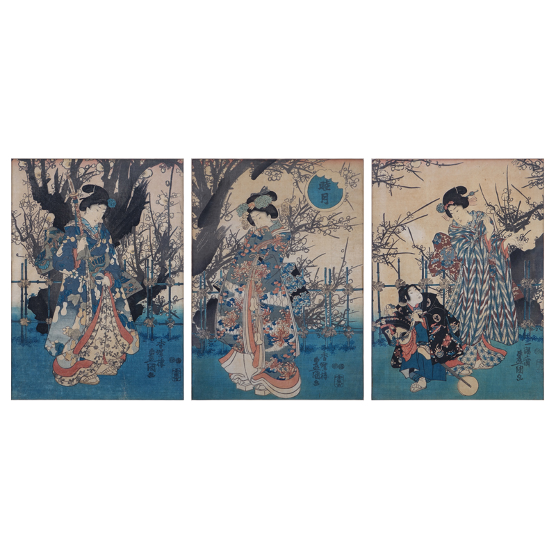 Three (3) Antique Japanese Woodblock Prints, Scenes of Geishas, Each with Publishers Marks.