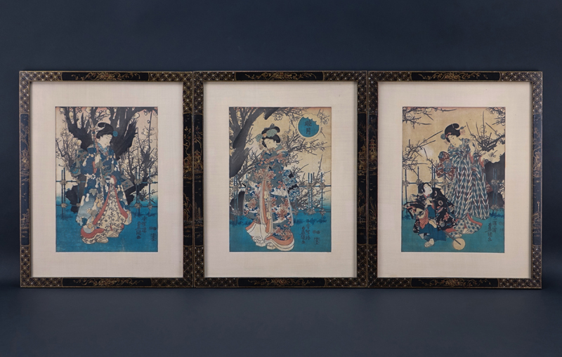 Three (3) Antique Japanese Woodblock Prints, Scenes of Geishas, Each with Publishers Marks.