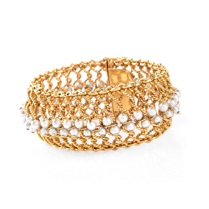 Retro 14 Karat Yellow Gold Woven Mesh Bracelet with Pearl Accents. Pearls measure 4mm, with good color and luster.