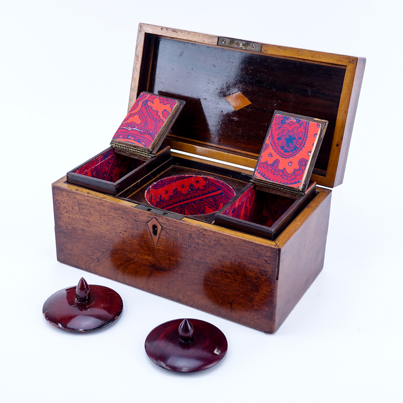 Antique English Tea Caddy, Parquetry Inlaid Top with Mother of Pearl en center.