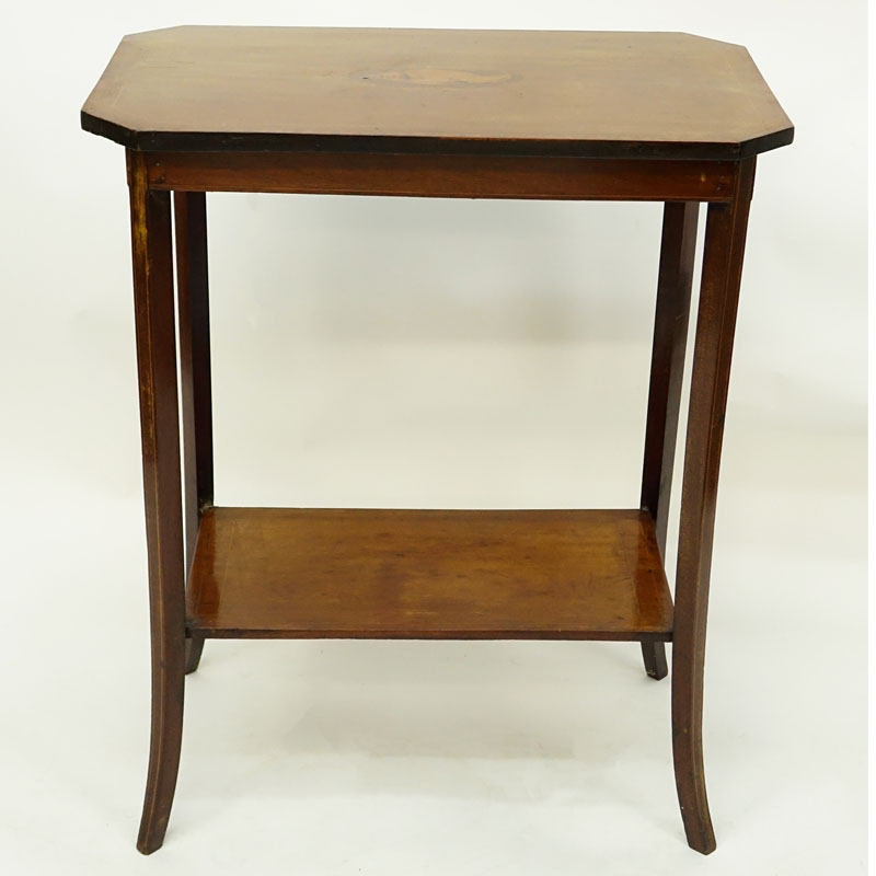 19th Century Sheraton Style Side Table. Center shell motif inlay with two tone gallery.