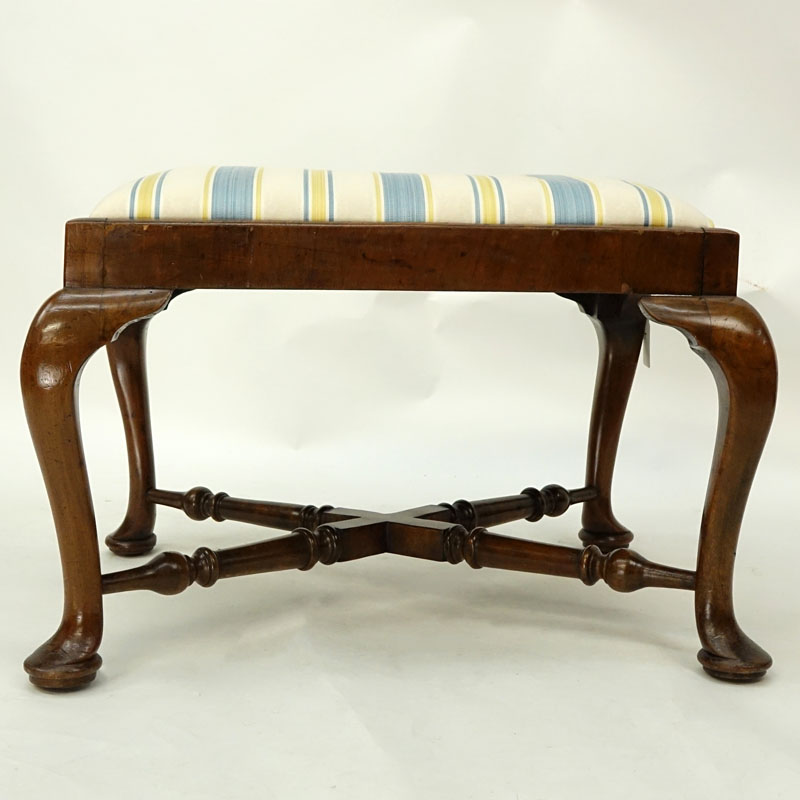 Antique English Queen Anne Style Carved Walnut and Upholstered Bench.