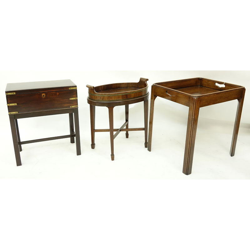 Grouping of Three (3): Vintage Butlers Table, Vintage Butlers Table with Tray, and Footed Hinged Storage Box with Key.