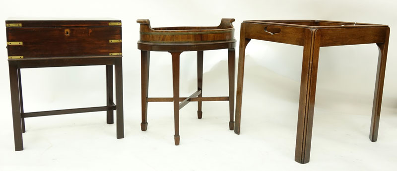 Grouping of Three (3): Vintage Butlers Table, Vintage Butlers Table with Tray, and Footed Hinged Storage Box with Key.