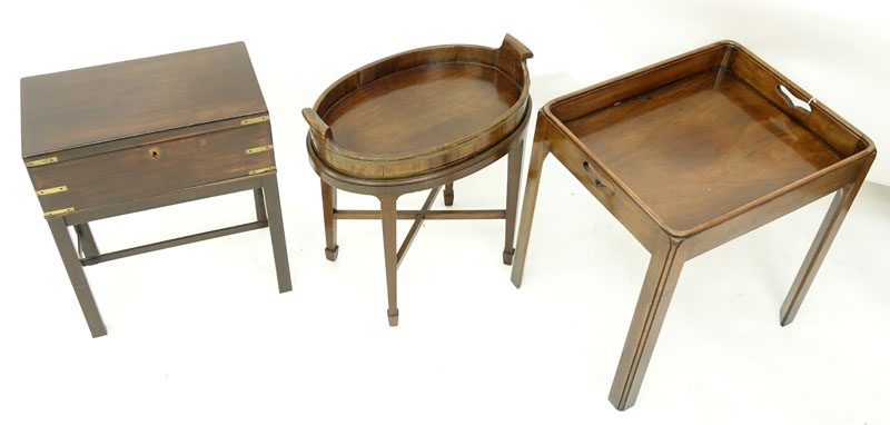 Grouping of Three (3): Vintage Butlers Table, Vintage Butlers Table with Tray, and Footed Hinged Storage Box with Key.