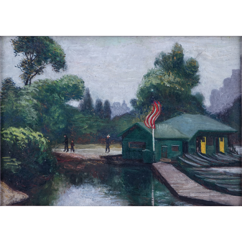 20th Century American School Oil On Board "The Boat House". Unsigned.