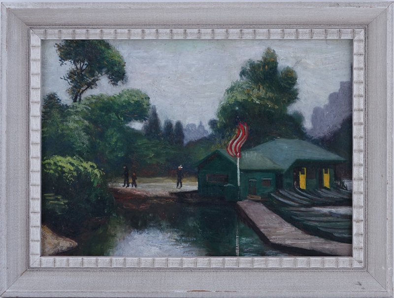 20th Century American School Oil On Board "The Boat House". Unsigned.