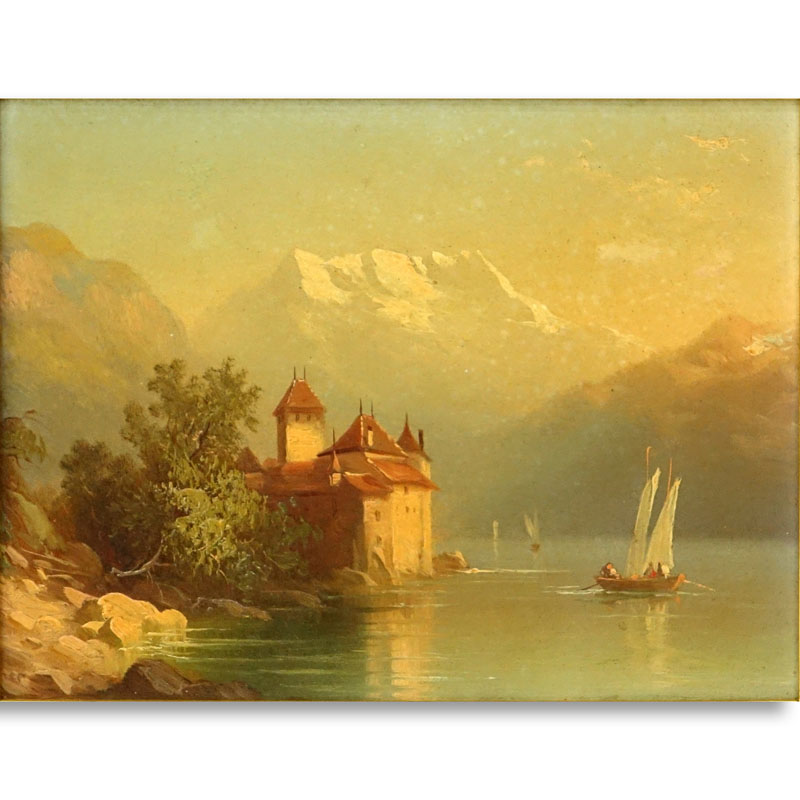 Antique European School Oil on Wood Panel, Chillon Castle on Lake Geneva with the Dents du Midi in the Background, Remnant of a Signature Lower Left.