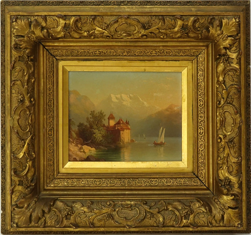 Antique European School Oil on Wood Panel, Chillon Castle on Lake Geneva with the Dents du Midi in the Background, Remnant of a Signature Lower Left.