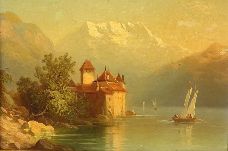 Antique European School Oil on Wood Panel, Chillon Castle on Lake Geneva with the Dents du Midi in the Background, Remnant of a Signature Lower Left.