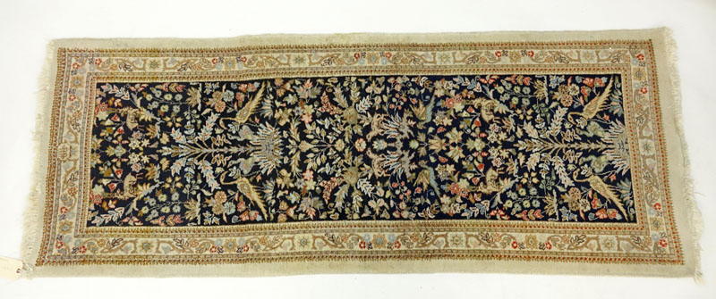 Semi Antique Persian Oriental Runner. Signed. Wear to fringes and border, stains, discoloration, dirty.