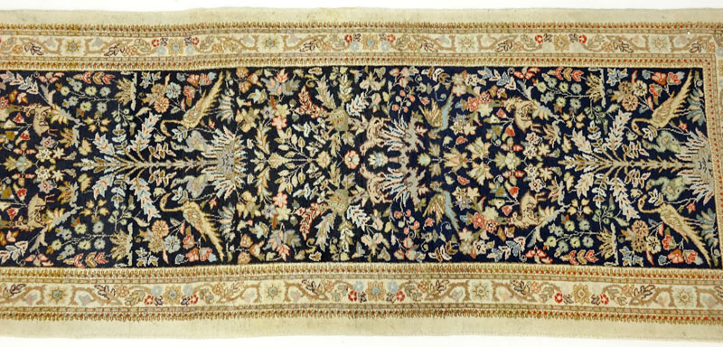 Semi Antique Persian Oriental Runner. Signed. Wear to fringes and border, stains, discoloration, dirty.