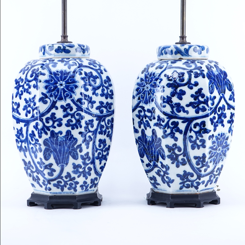 Pair of Chinese Blue and White Porcelain Covered Jars as Lamps. Crackle to glaze, light discoloration or else good condition.