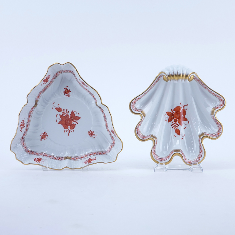 Grouping of Two (2) Herend Chinese Bouquet Porcelain Tableware. Includes: shell form dish and triangular serving dish.