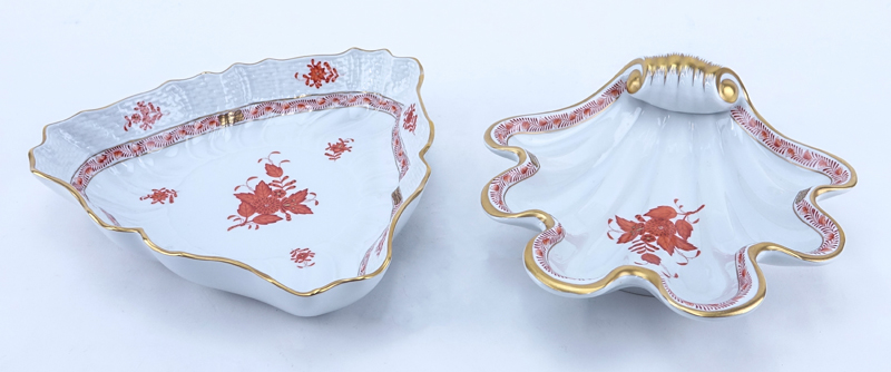 Grouping of Two (2) Herend Chinese Bouquet Porcelain Tableware. Includes: shell form dish and triangular serving dish.