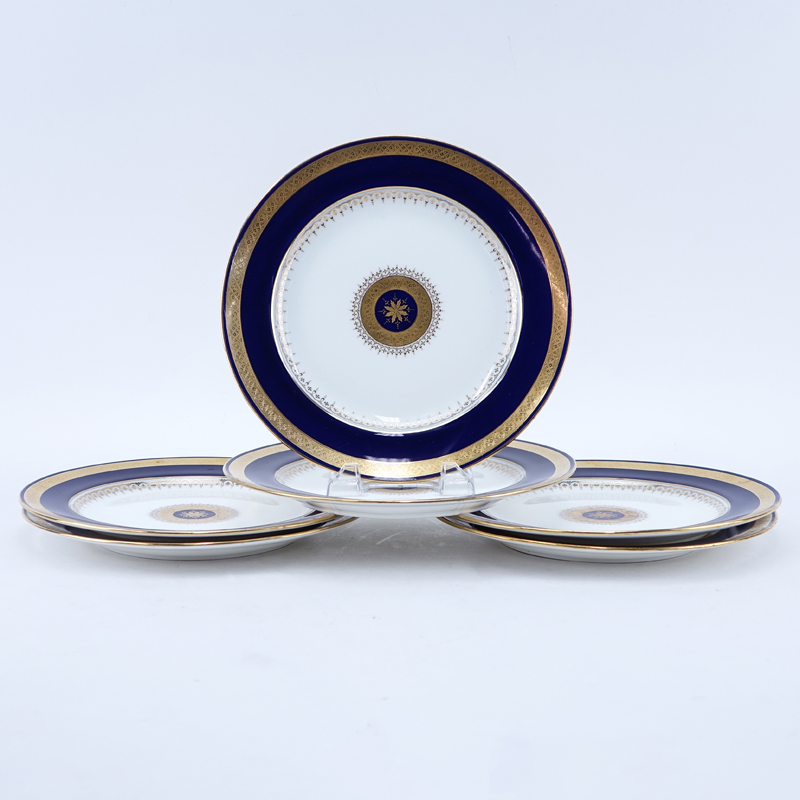 Six (6) Tiffany & Co. Cobalt and Gold Porcelain Dinner Plates. Signed.