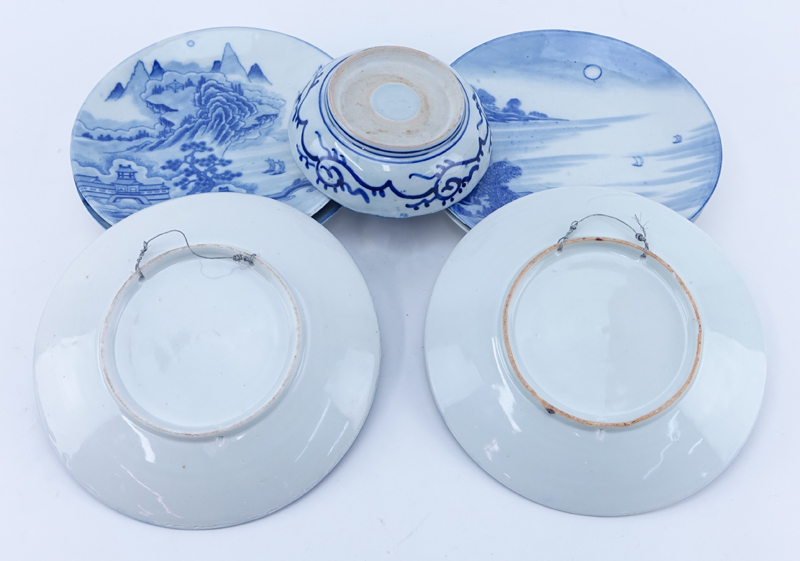 Collection of Seven (7) Pieces Vintage Japanese Blue and White Porcelain Plates and Bowl.