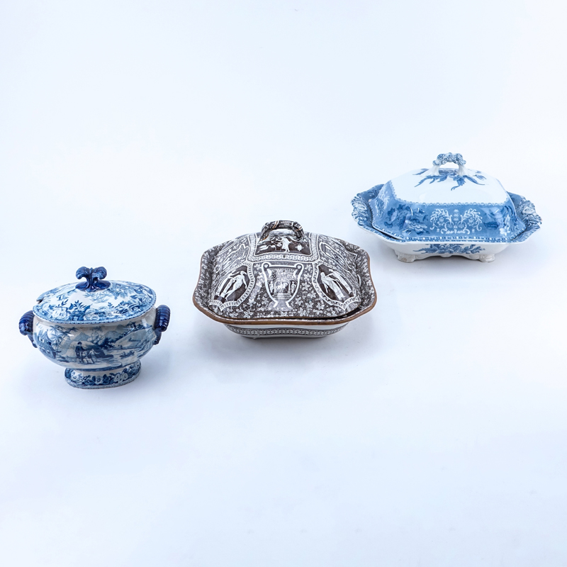 Three (3) English Transferware Pottery Covered Serving Dishes. Signed Copeland Spode.