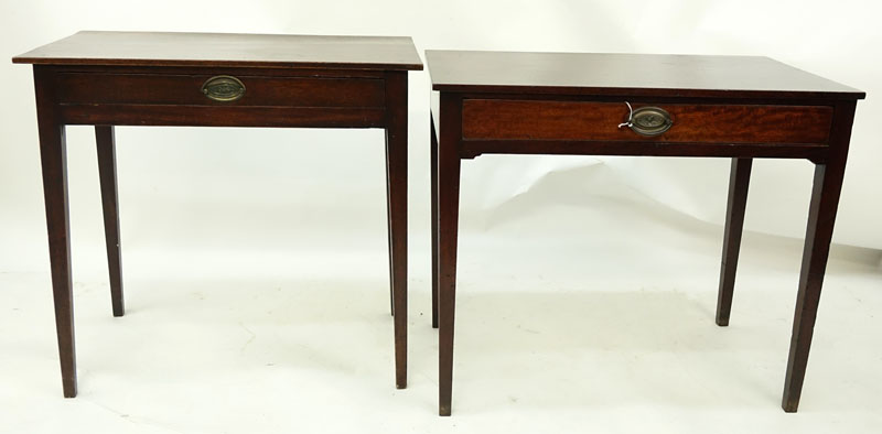 Two (2) Antique Georgian Mahogany Side Tables. Plank over top single fitted drawer, stands on tapering legs.