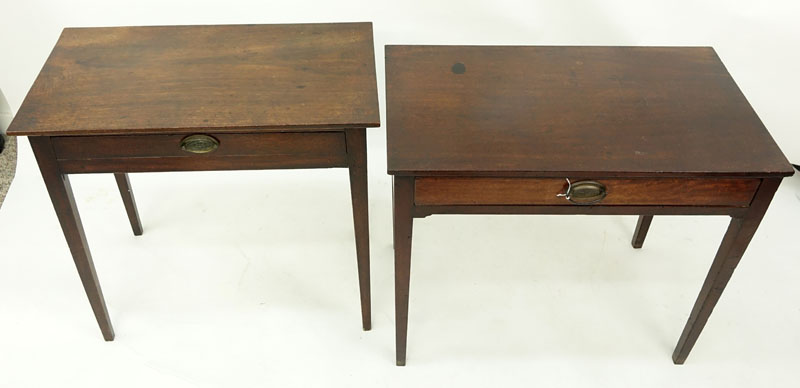 Two (2) Antique Georgian Mahogany Side Tables. Plank over top single fitted drawer, stands on tapering legs.