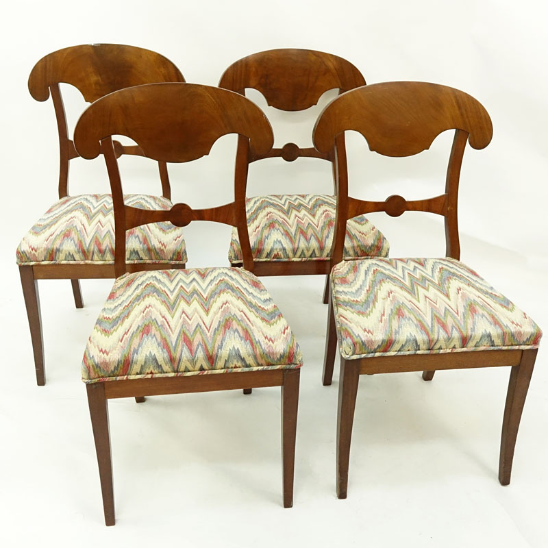 Set of Four (4) Antique Biedermeier Satin Birch and Upholstered Side Chairs.