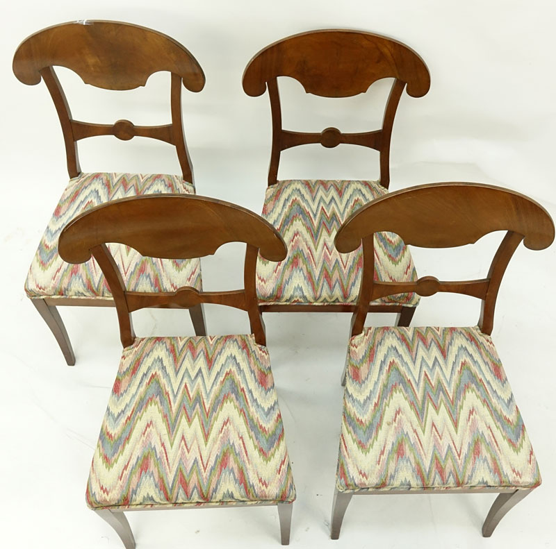 Set of Four (4) Antique Biedermeier Satin Birch and Upholstered Side Chairs.