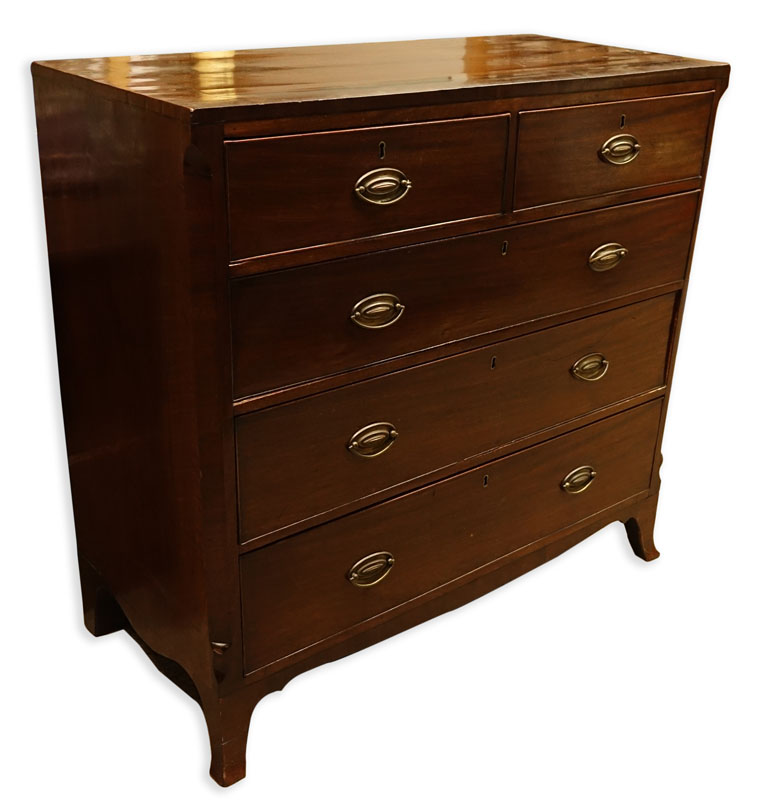 Large Antique Hepplewhite Mahogany Chest of Drawers. Five fitted drawers with brass pulls and scalloped apron, outswept feet.