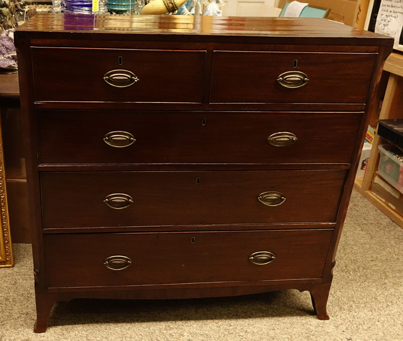 Large Antique Hepplewhite Mahogany Chest of Drawers. Five fitted drawers with brass pulls and scalloped apron, outswept feet.