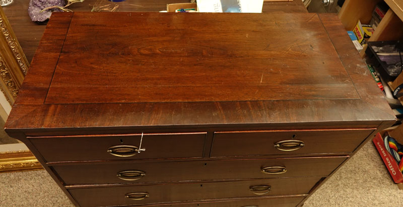 Large Antique Hepplewhite Mahogany Chest of Drawers. Five fitted drawers with brass pulls and scalloped apron, outswept feet.