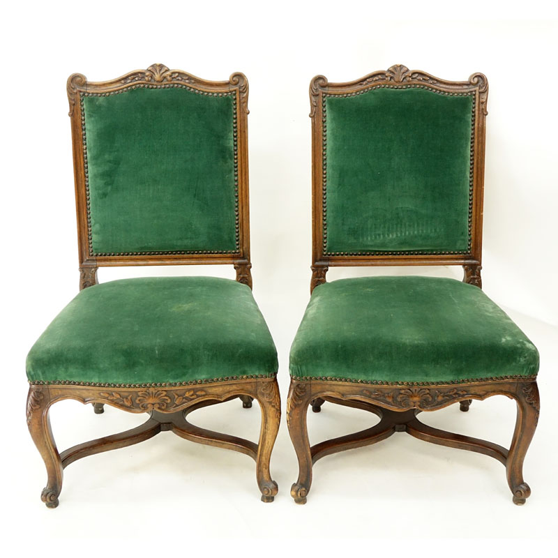 Pair of Antique French Carved Wood and Vert Velvet Upholstered Side Chairs.