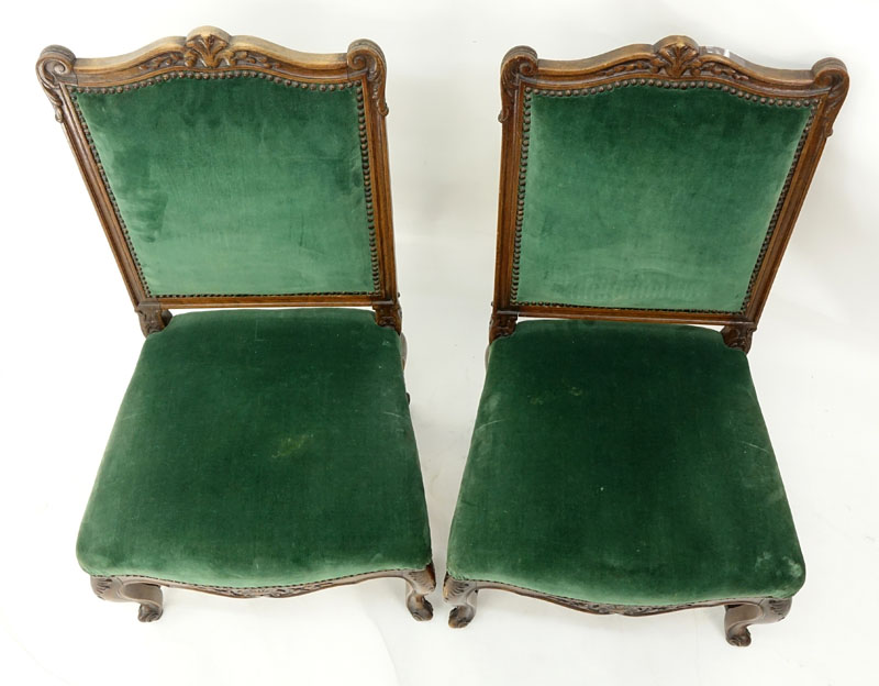 Pair of Antique French Carved Wood and Vert Velvet Upholstered Side Chairs.