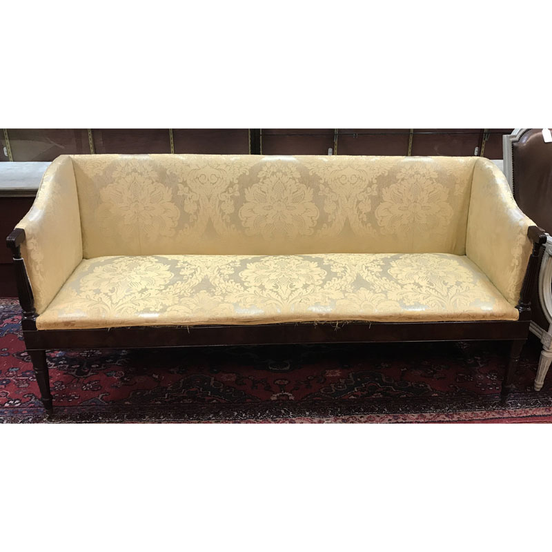 Antique Sheraton Mahogany Wood and Upholstered Settee on Wheels.