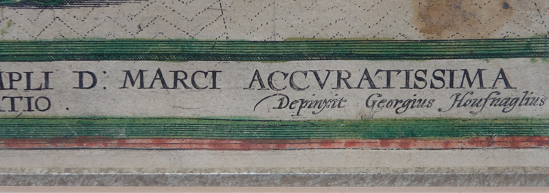After: Georgius Housnaglius (15/16th C.) Antique Color Engravings, "Augusti apud Venetos Templi D. Marci Accuratissima Effiguratio"  and "Palatii Senatorii aupd Venetos Conflagratio", 1578. 