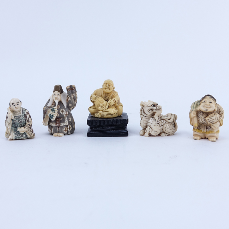 Collection of Five (5) Carved Japanese Ivory Netsuke. Some signed. Measures approx. 1-1/2" - 2". 