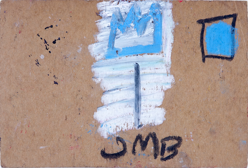 Attributed to: Jean-Michel Basquiat, American/Haitian (1960 - 1988) Mixed Media on Postcard "Samo with Crown" Signed 'JMB' on Obverse Side.