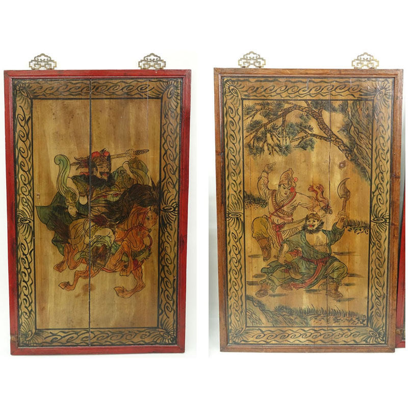 Pair of Mid to Late 20th Century Chinese Wood Panels Depicting Warriors.