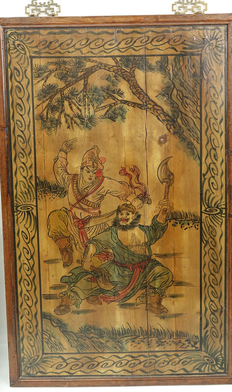 Pair of Mid to Late 20th Century Chinese Wood Panels Depicting Warriors.