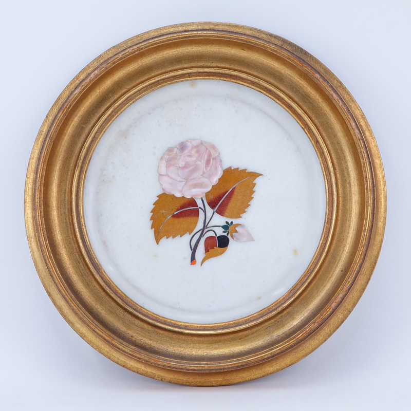 Vintage Pietra Dura Plaque. Features a floral design. Unsigned.